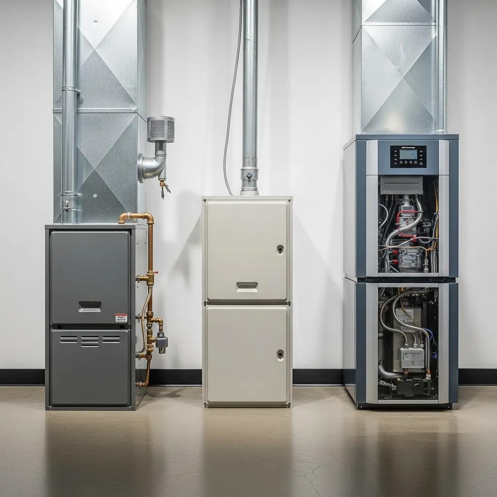 Ultimate Furnace Replacement Guide for Northeast Ohio Homes 2 Gas, electric, and modulating furnaces displayed side by side, highlighting distinct designs and features relevant to heating options for Northeast Ohio homes.