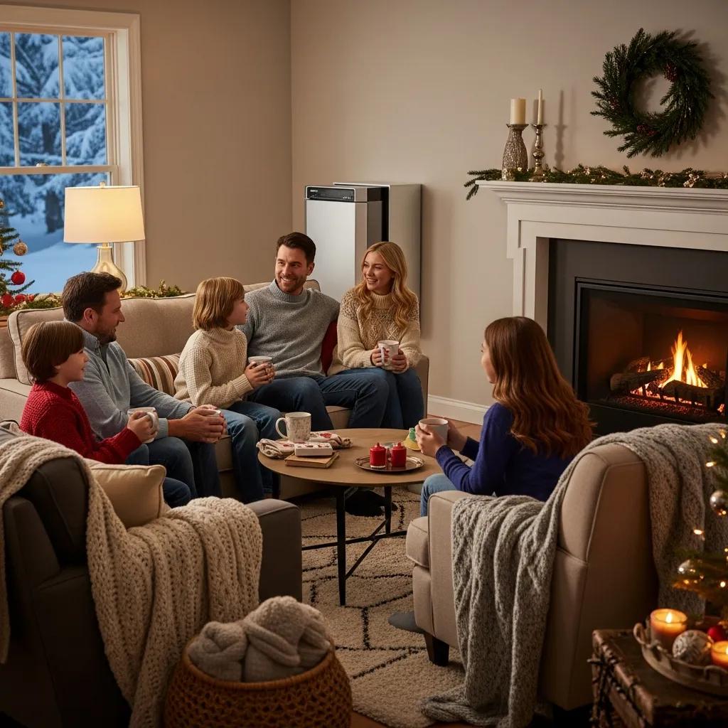 Cozy living room in a Northeast Ohio home with a modern furnace, illustrating warmth and comfort during winter