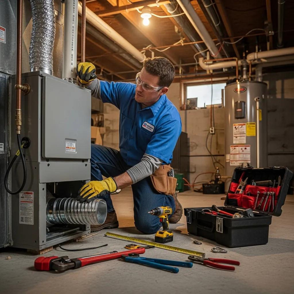 Ultimate Furnace Replacement Guide for Northeast Ohio Homes 3 HVAC technician installing a furnace in a home, demonstrating professional installation with tools and safety gear, emphasizing the importance of licensed technicians for efficient heating system performance.