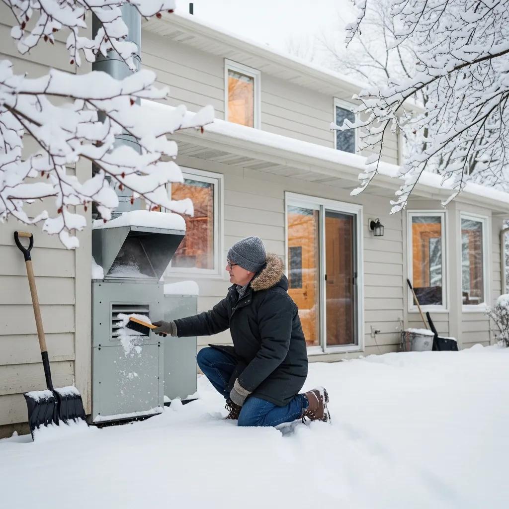 Annual Furnace Maintenance Checklist for Homeowners 3 Person clearing snow around a furnace vent outside a home, emphasizing winter preparation for efficient heating and maintenance.