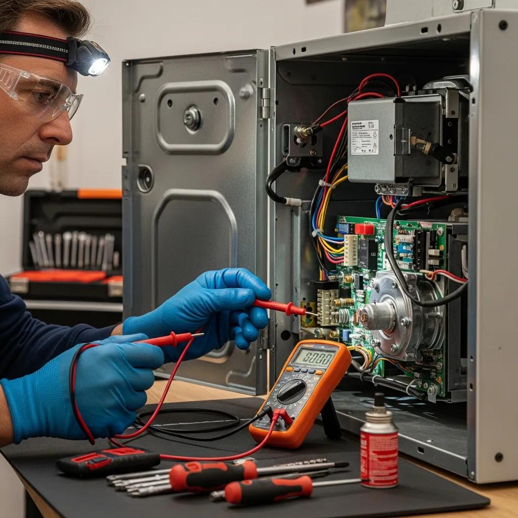 Annual Furnace Maintenance Checklist for Homeowners 2 Technician inspecting furnace components with multimeter and tools, emphasizing key steps in furnace maintenance for optimal performance and efficiency.