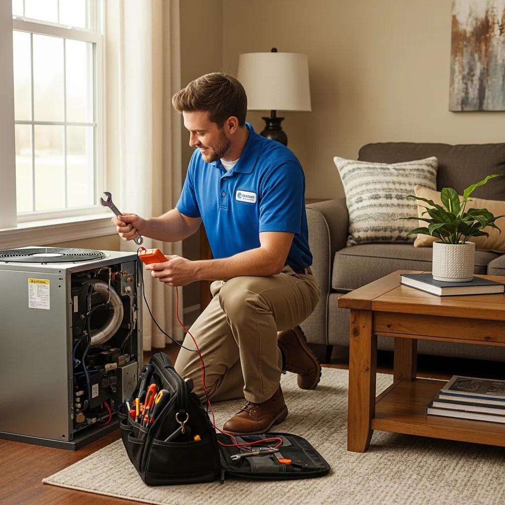 Technician performing HVAC maintenance in a cozy home environment