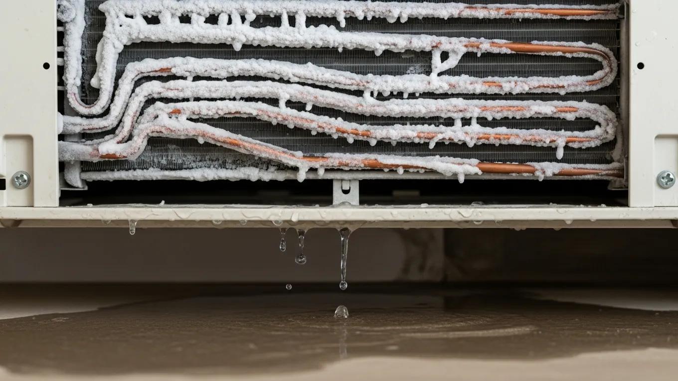 Professional AC Refrigerant Leak Repair & Recharge 2 Close-up of air conditioning unit with ice buildup indicating refrigerant leak