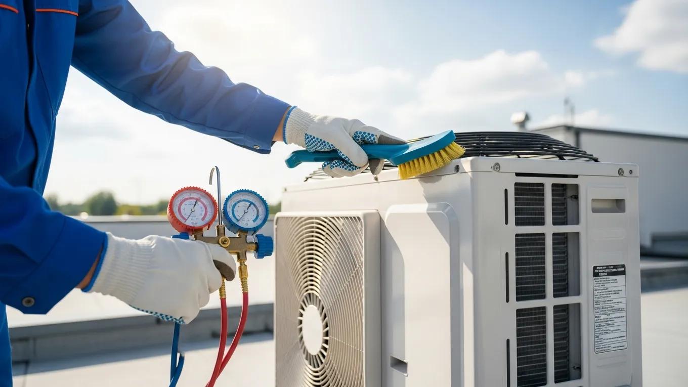 Professional AC Refrigerant Leak Repair & Recharge 3 Technician performing preventative maintenance on air conditioning unit