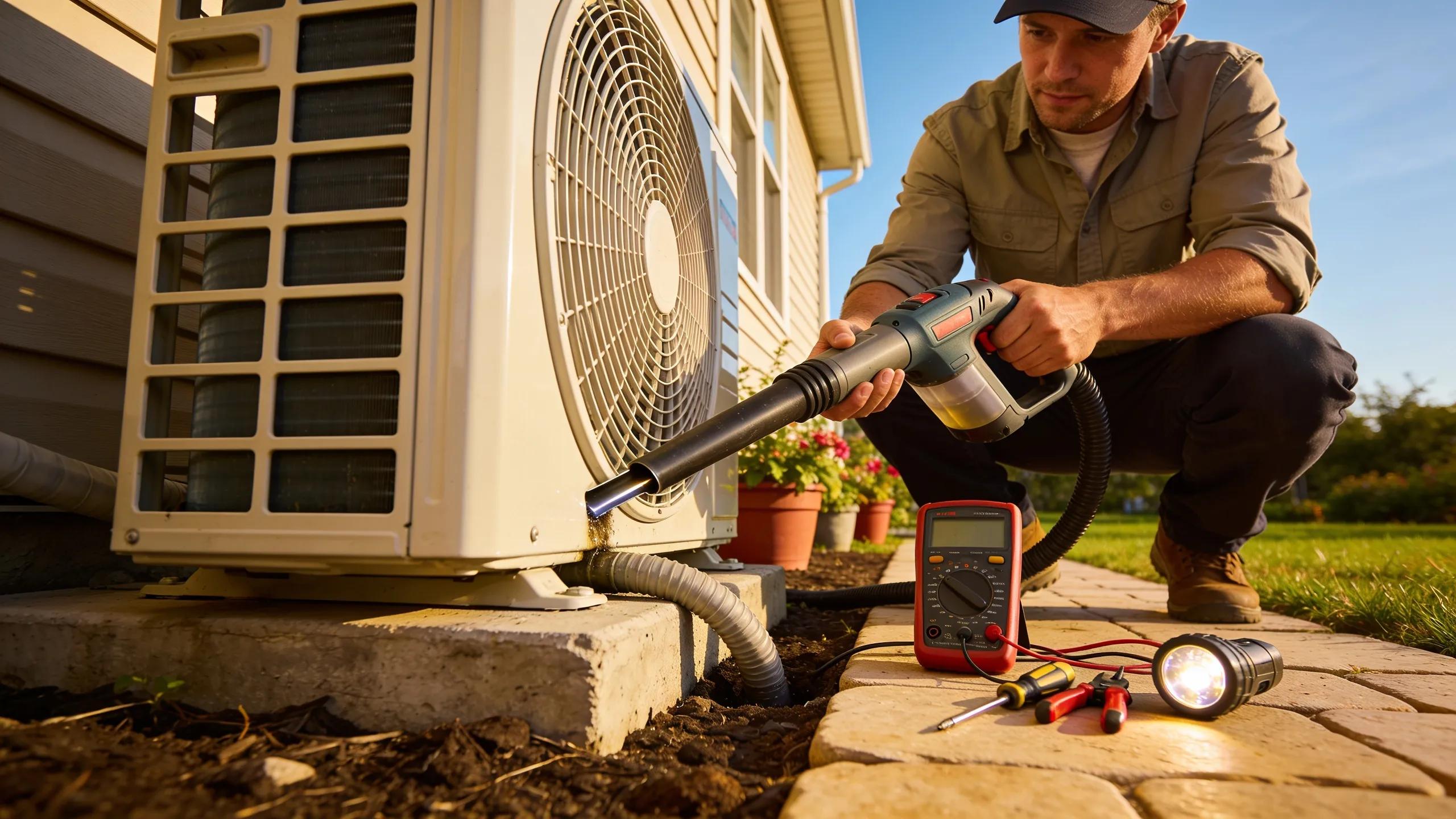 Clear Your Clogged AC Drain Line: A Step-by-Step Guide 2 Preventive maintenance practices for HVAC systems, illustrating proper care of AC units and drain lines