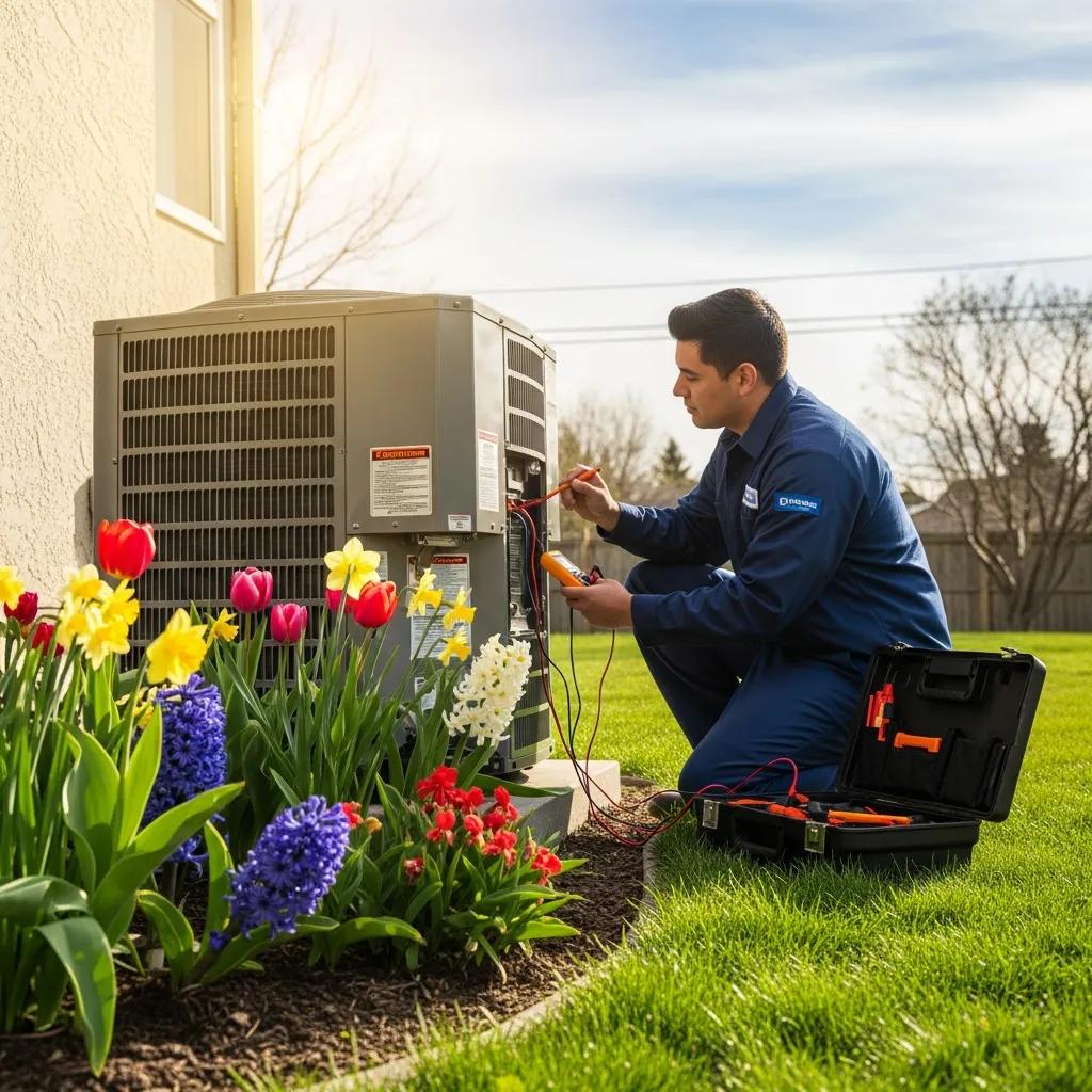 Technician performing HVAC maintenance in spring with blooming flowers