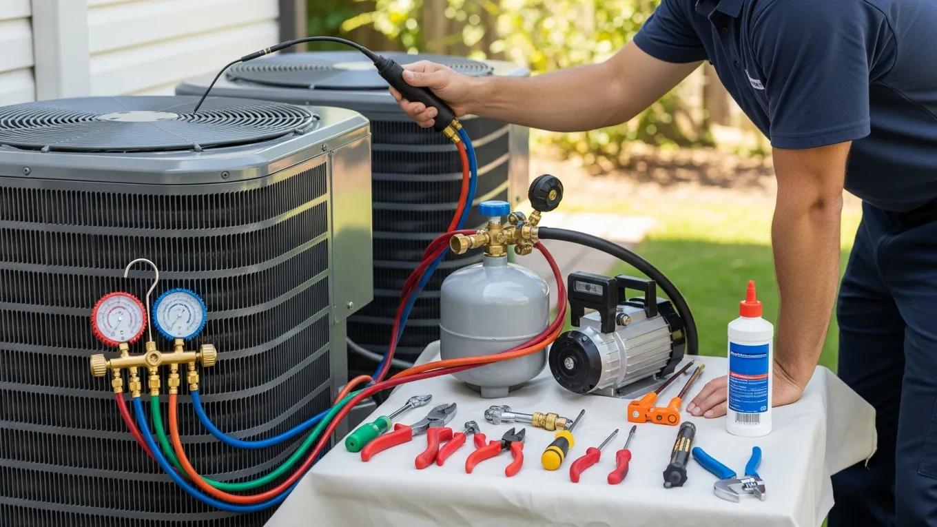 blog 95618fca8536 hvac technician inspecting air conditioning unit for refrigerant leak repair